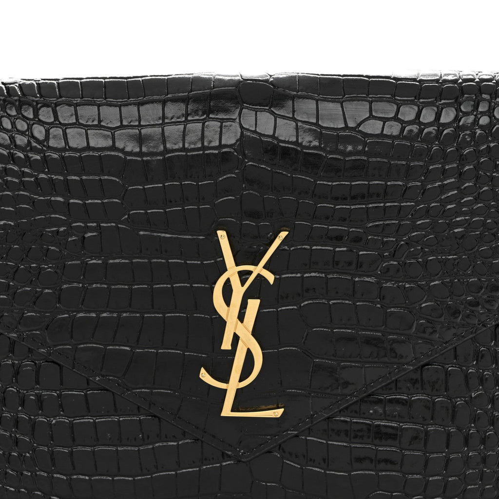 Calfskin Crocodile Embossed Monogram Cassandre Flap Pouch Black