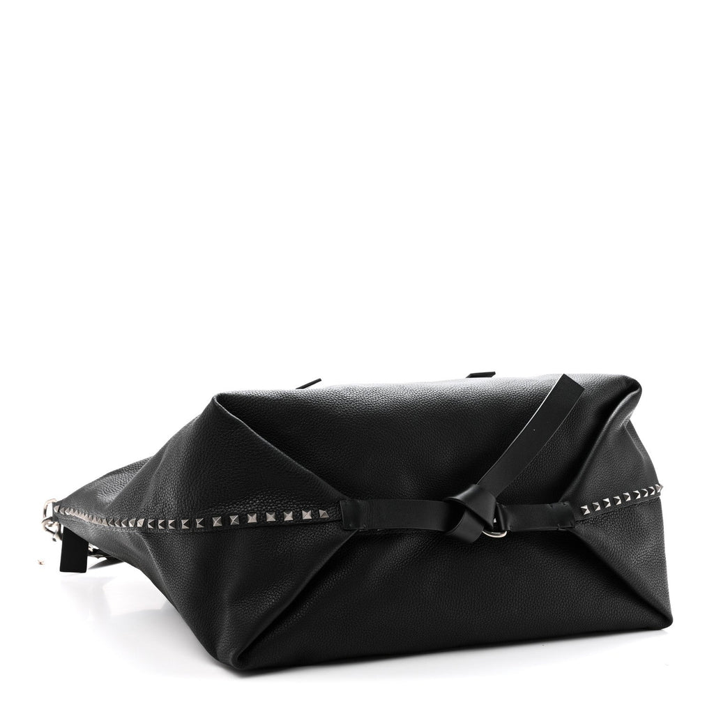 Grained Calfskin Rockstud Travel Tote Bag Black