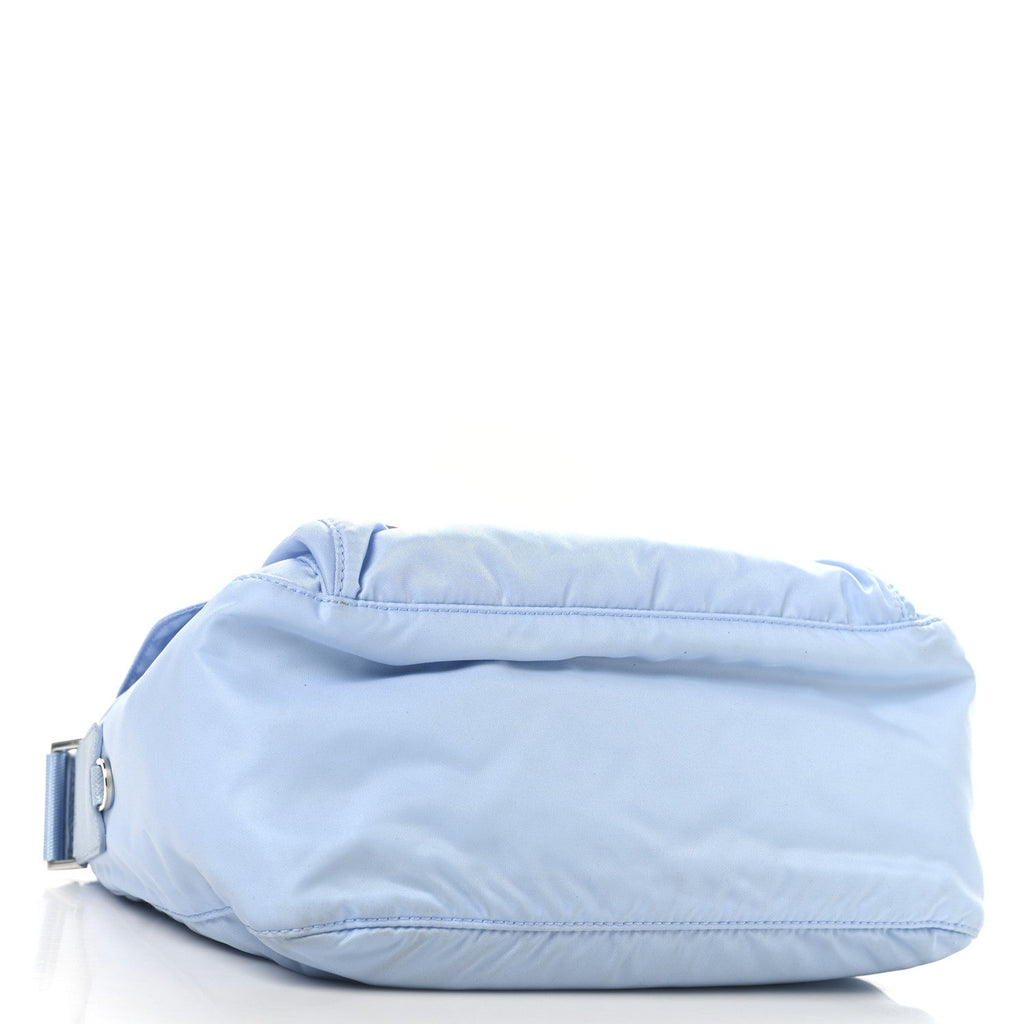 Re-Nylon Vela Saffiano Pocket Double Buckle Messenger Shoulder Bag Celeste