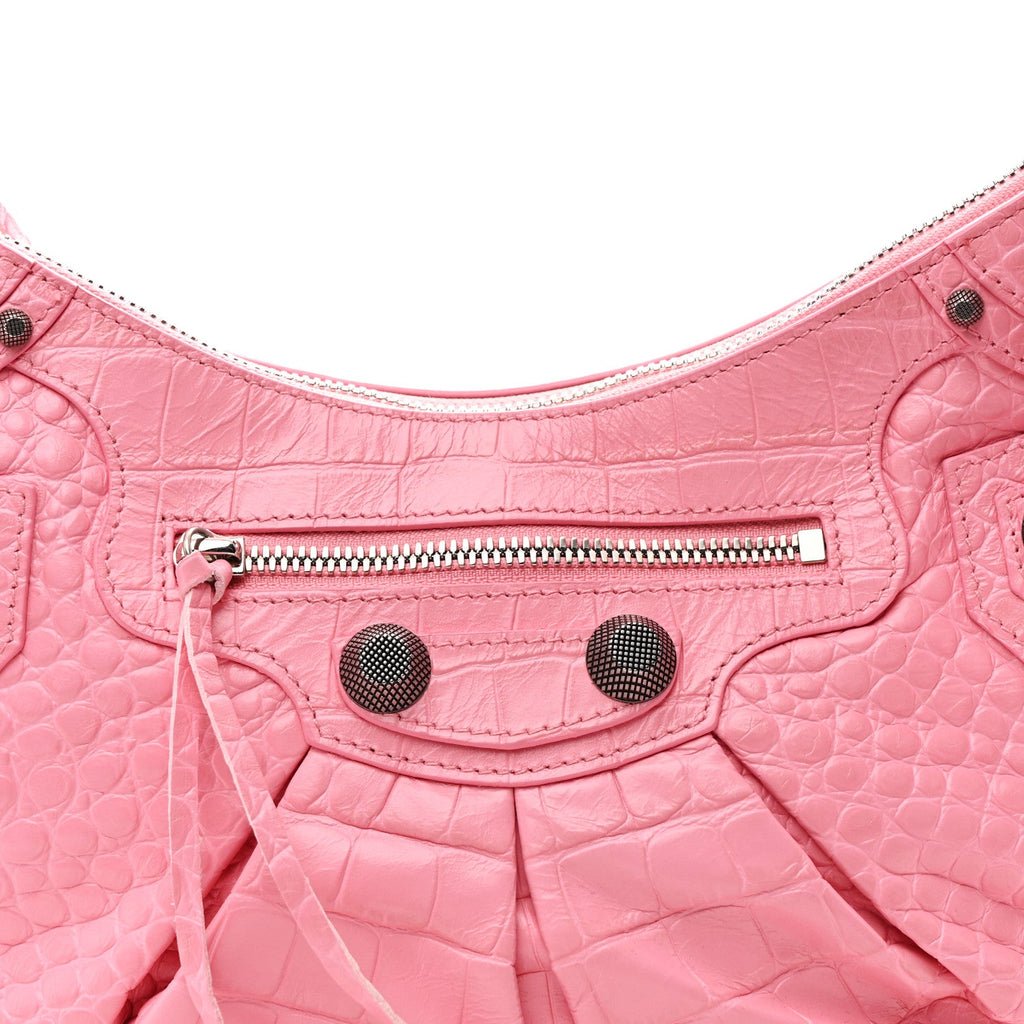 Extra Supple Calfskin Crocodile Embossed Small Le Cagole Shoulder Bag Sweet Pink