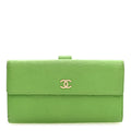 Lambskin Embossed Camellia Large Gusset Flap Wallet Green