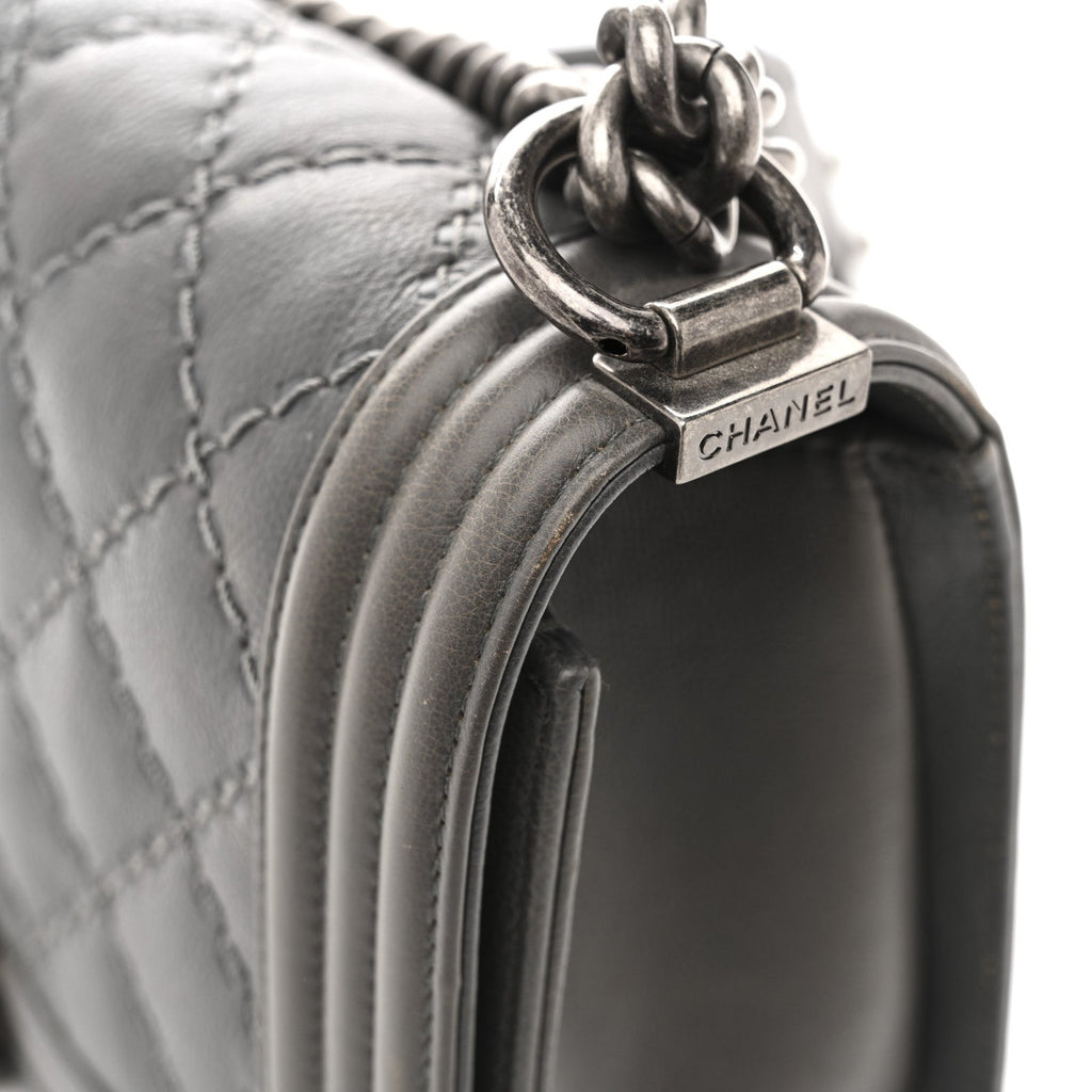 Calfskin Double Stitch Medium Boy Flap Grey
