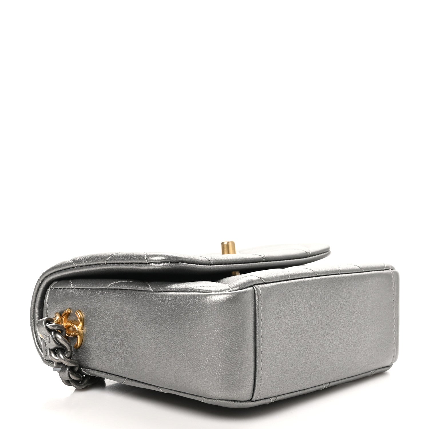 Metallic Lambskin Quilted Mini Side Note Flap Grey
