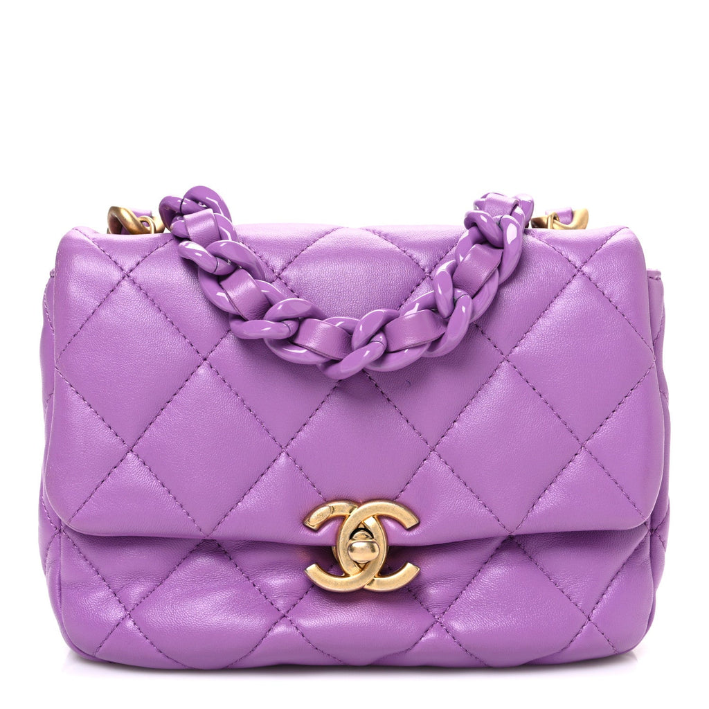 Lambskin Quilted Mini Lacquered Chain Flap Purple