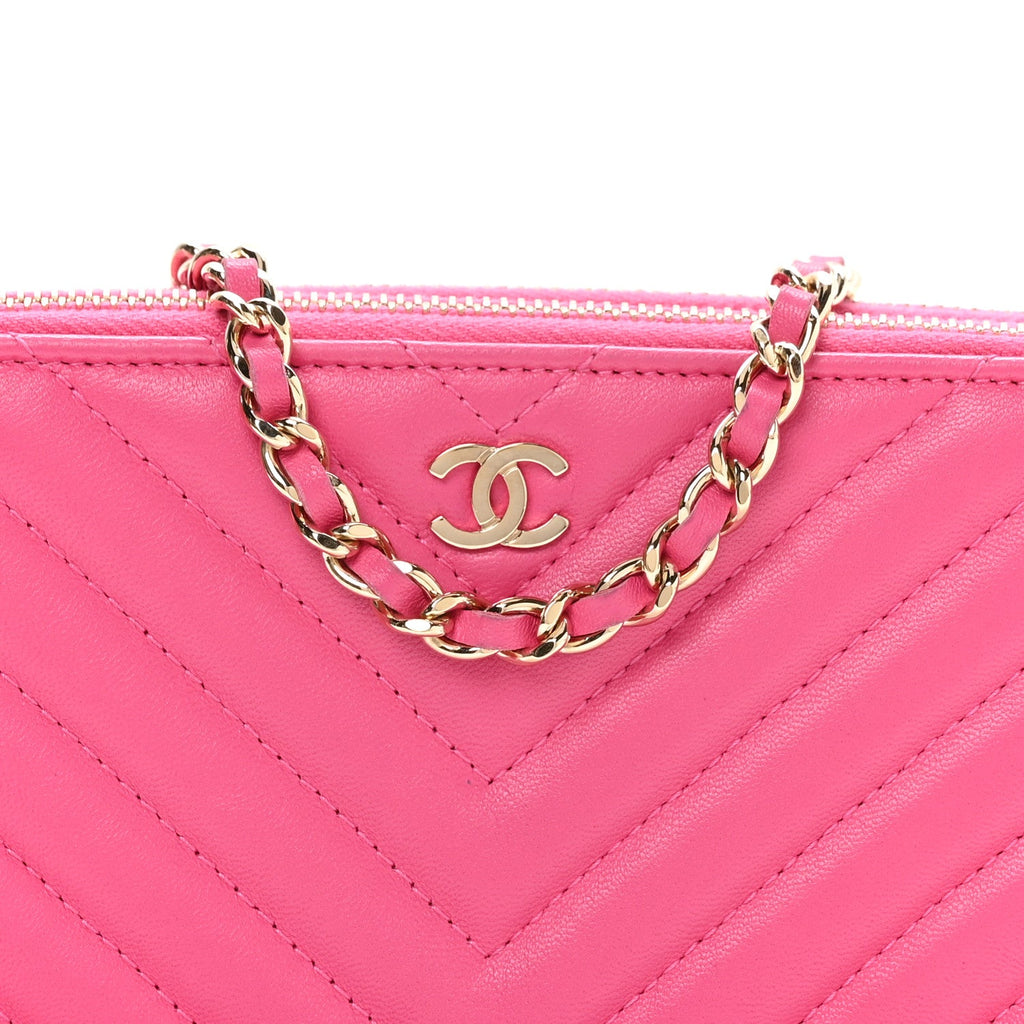 Lambskin Chevron Quilted Small Clutch With Chain Pink