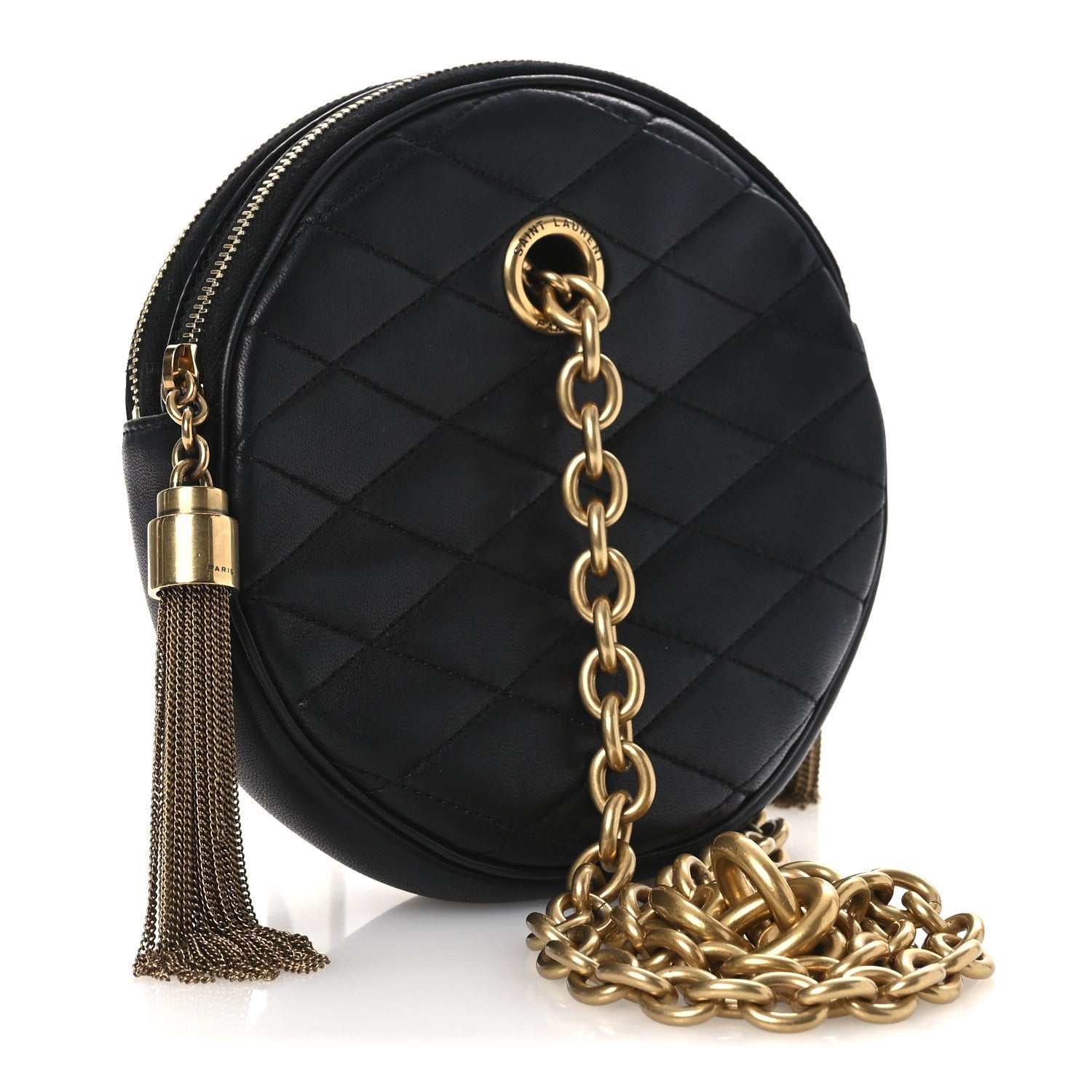 Lambskin Quilted Round Le Maillon Round Tassel Chain Crossbody Bag Black