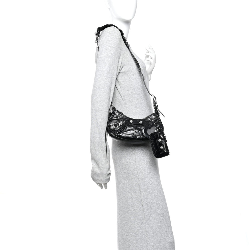 Extra Supple Calfskin Crystal Crocodile Embossed Le Cagole Shoulder Bag XS Black