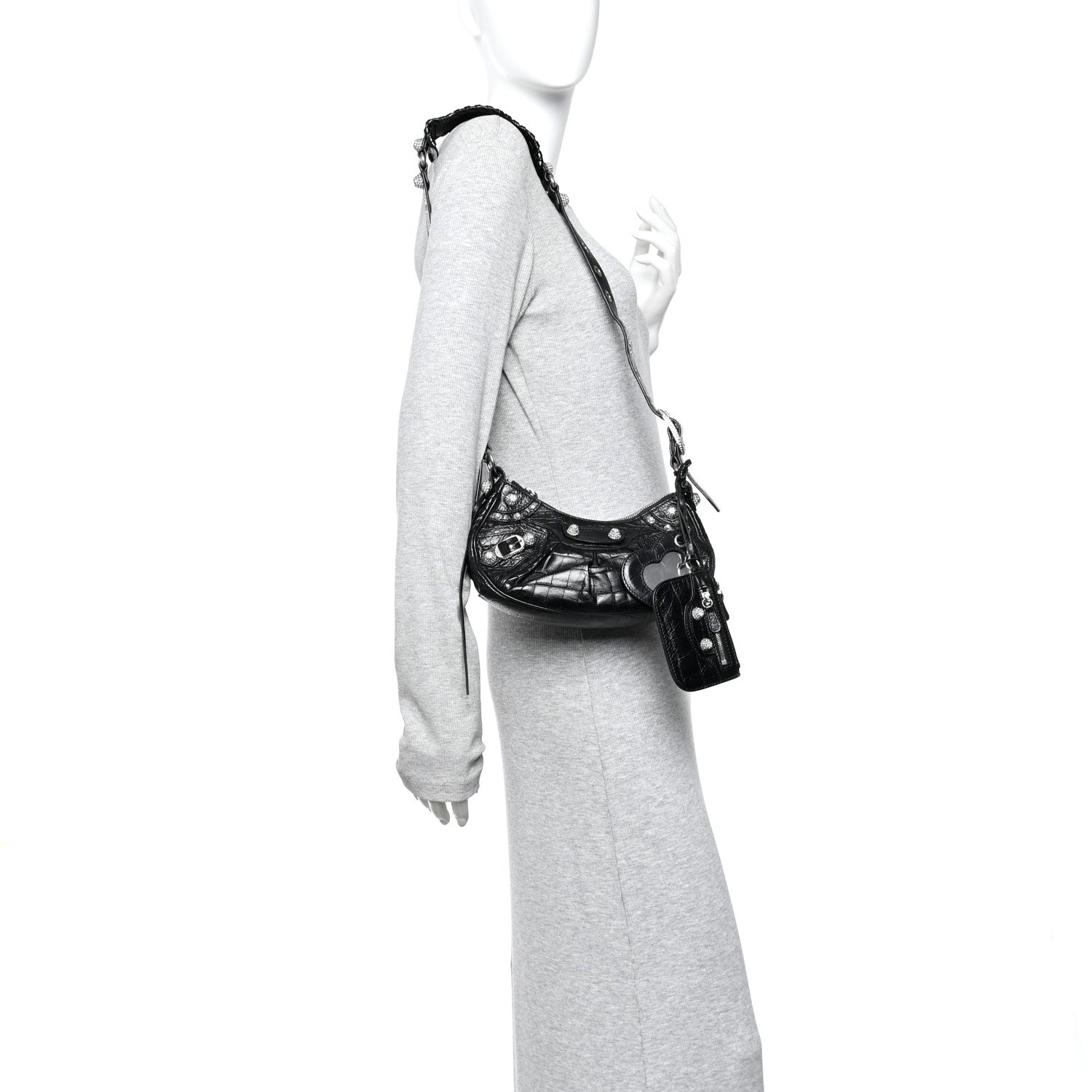 Extra Supple Calfskin Crystal Crocodile Embossed Le Cagole Shoulder Bag XS Black