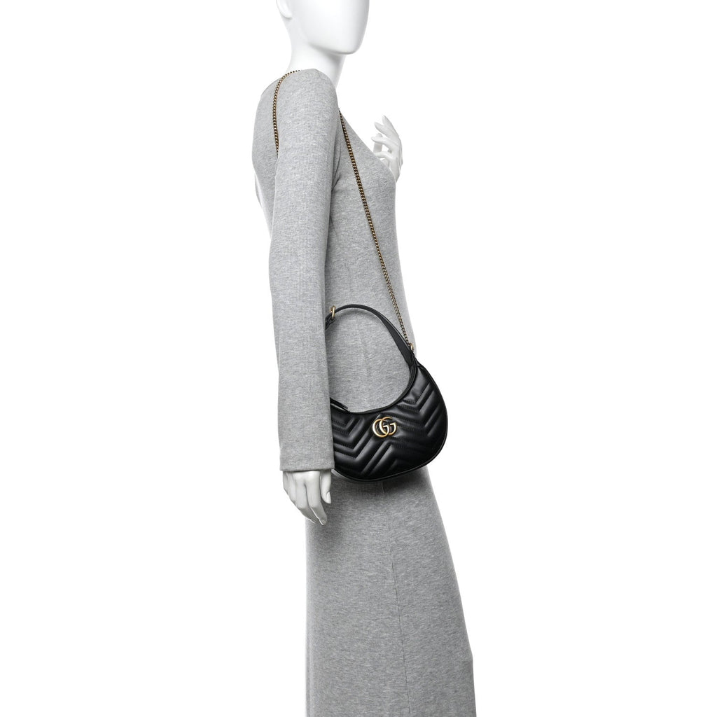 Calfskin Matelasse Chevron Mini GG Marmont Half Moon Hobo Black