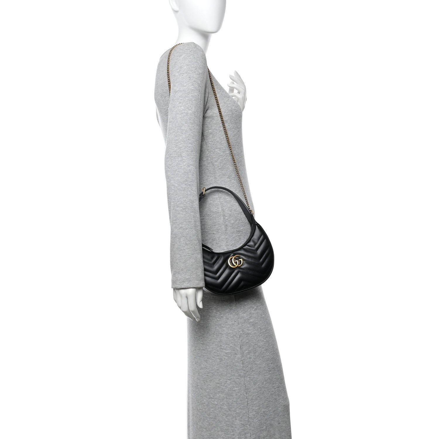 Calfskin Matelasse Chevron Mini GG Marmont Half Moon Hobo Black