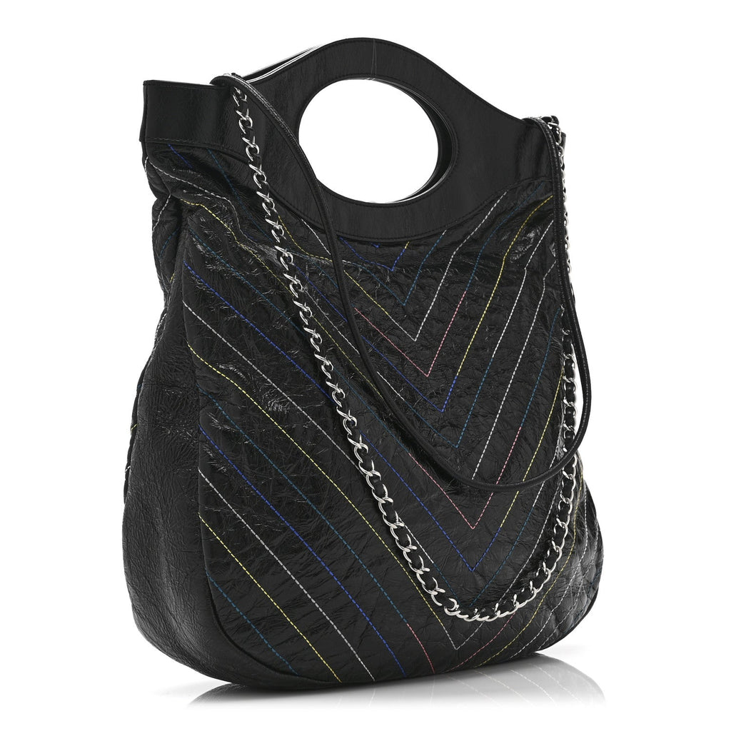 Glazed Calfskin Chevron Stitched Large 31 Shopping Bag Black Multicolor