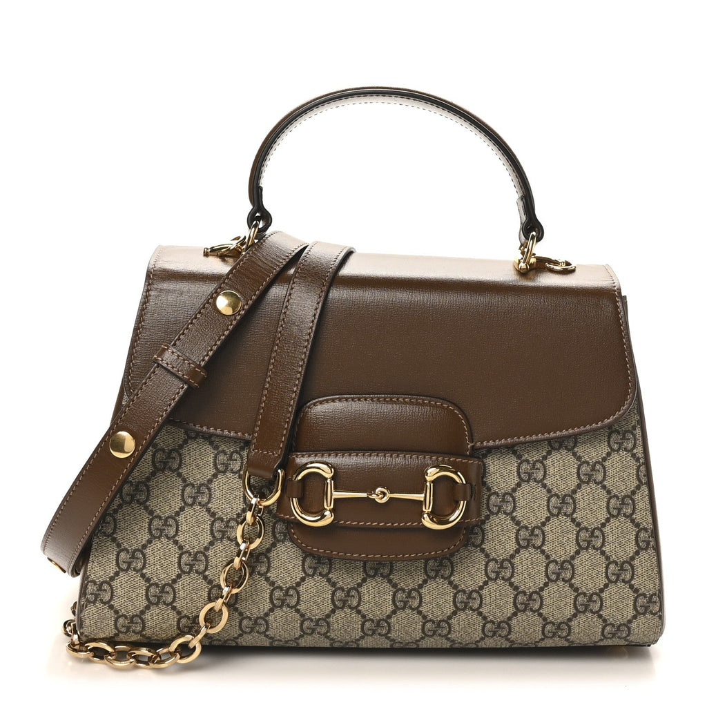 GG Supreme Monogram Calfskin Medium Horsebit 1955 Top Handle Bag Beige Ebony Brown Sugar