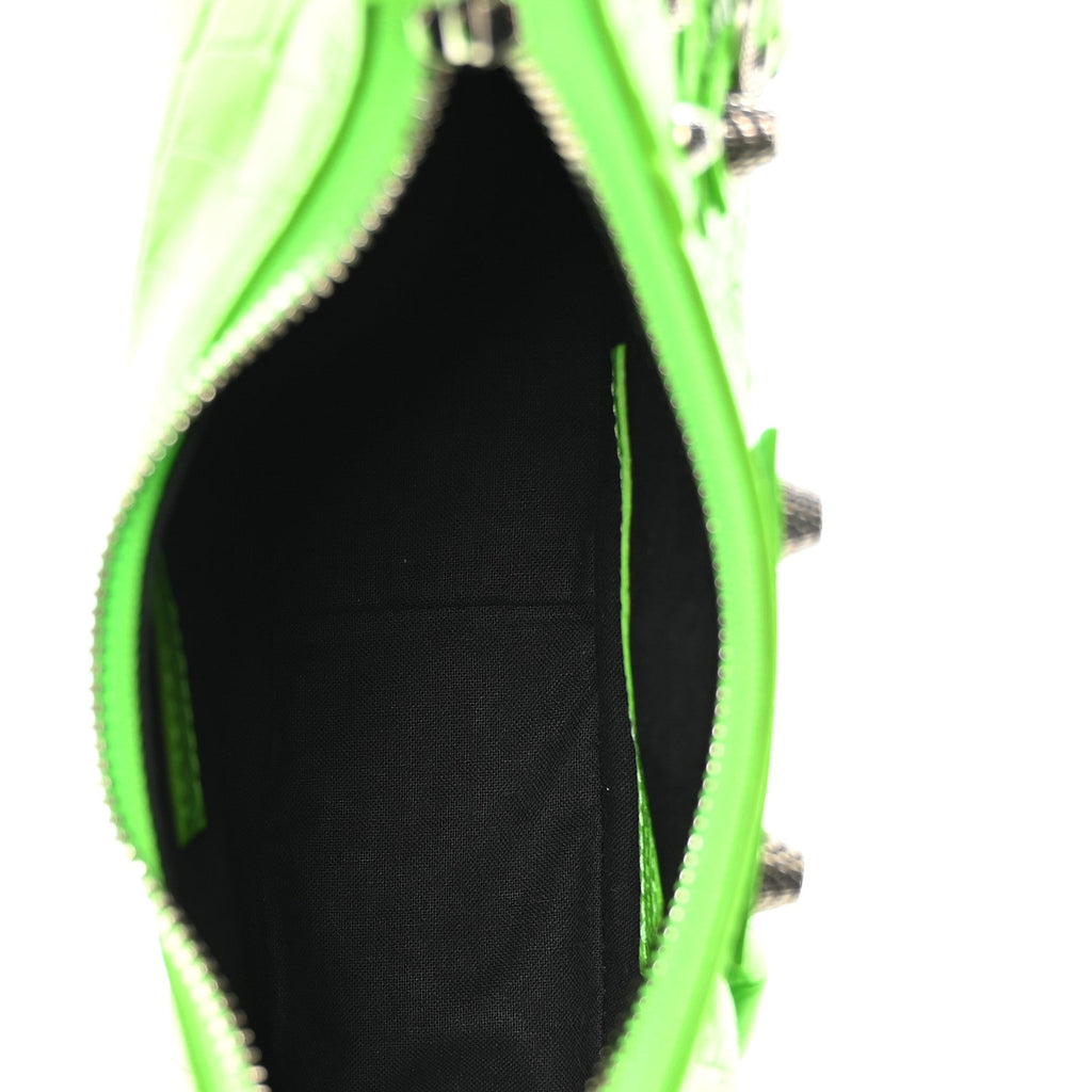 Extra Supple Calfskin Crocodile Embossed Le Cagole Shoulder Bag XS Acid Green