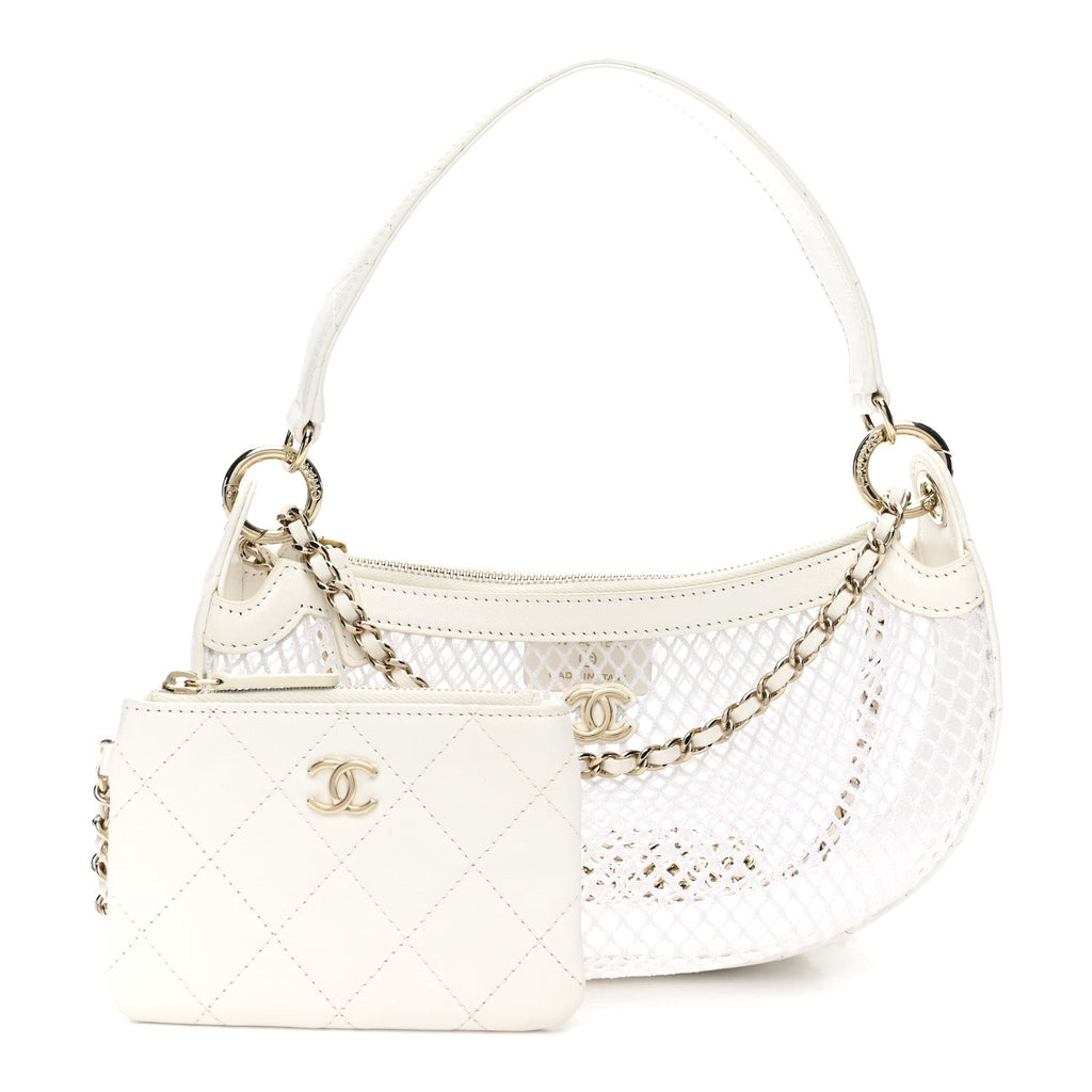 Mesh Shiny Lambskin Chain Hobo White