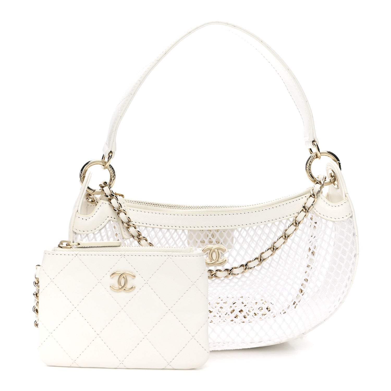Mesh Shiny Lambskin Chain Hobo White
