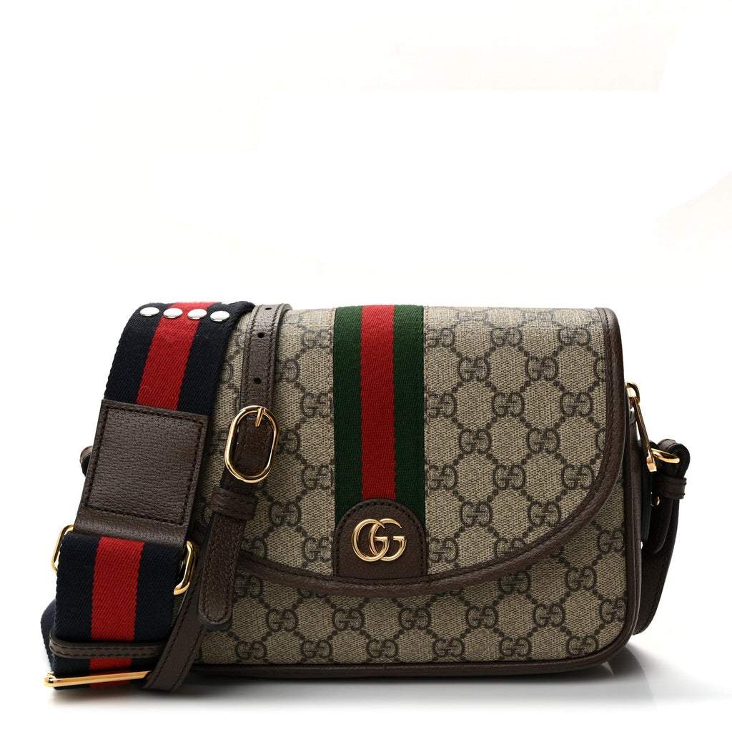 GG Supreme Monogram Textured Dollar Calfskin Web Studded Mini Ophidia Flap Shoulder Bag Beige Ebony New Acero