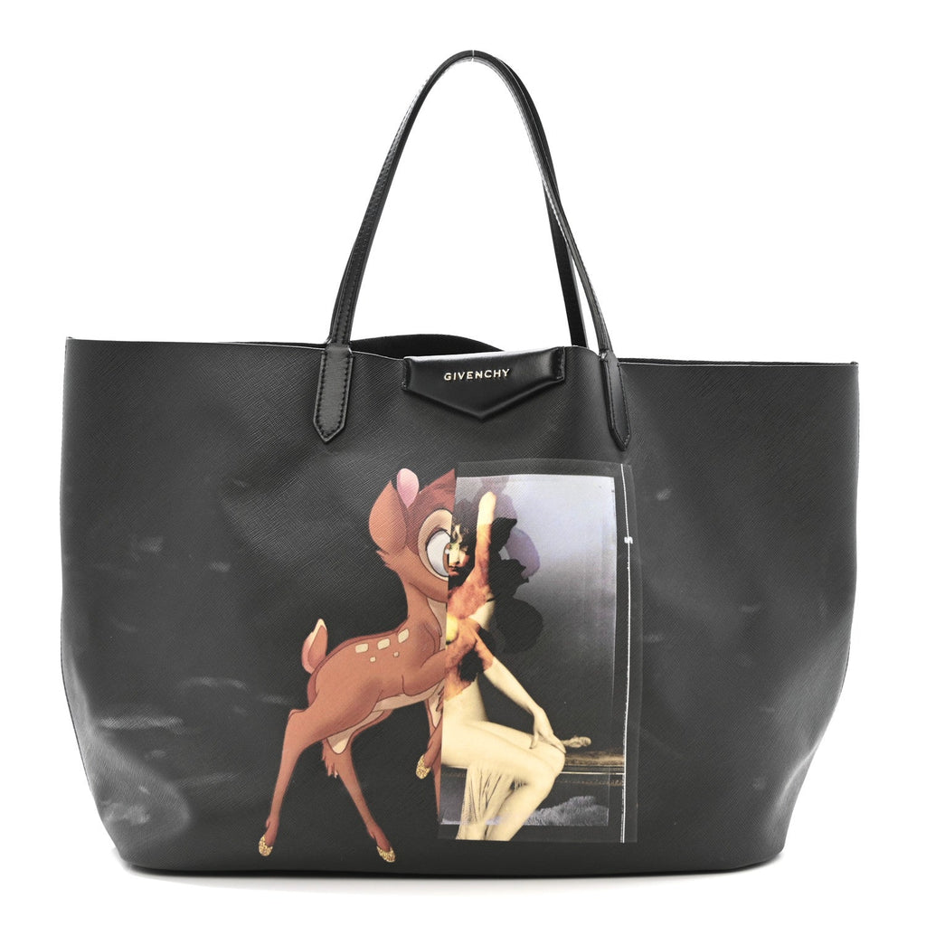 Textured Coated Canvas Bambi Print Large Antigona Tote Black