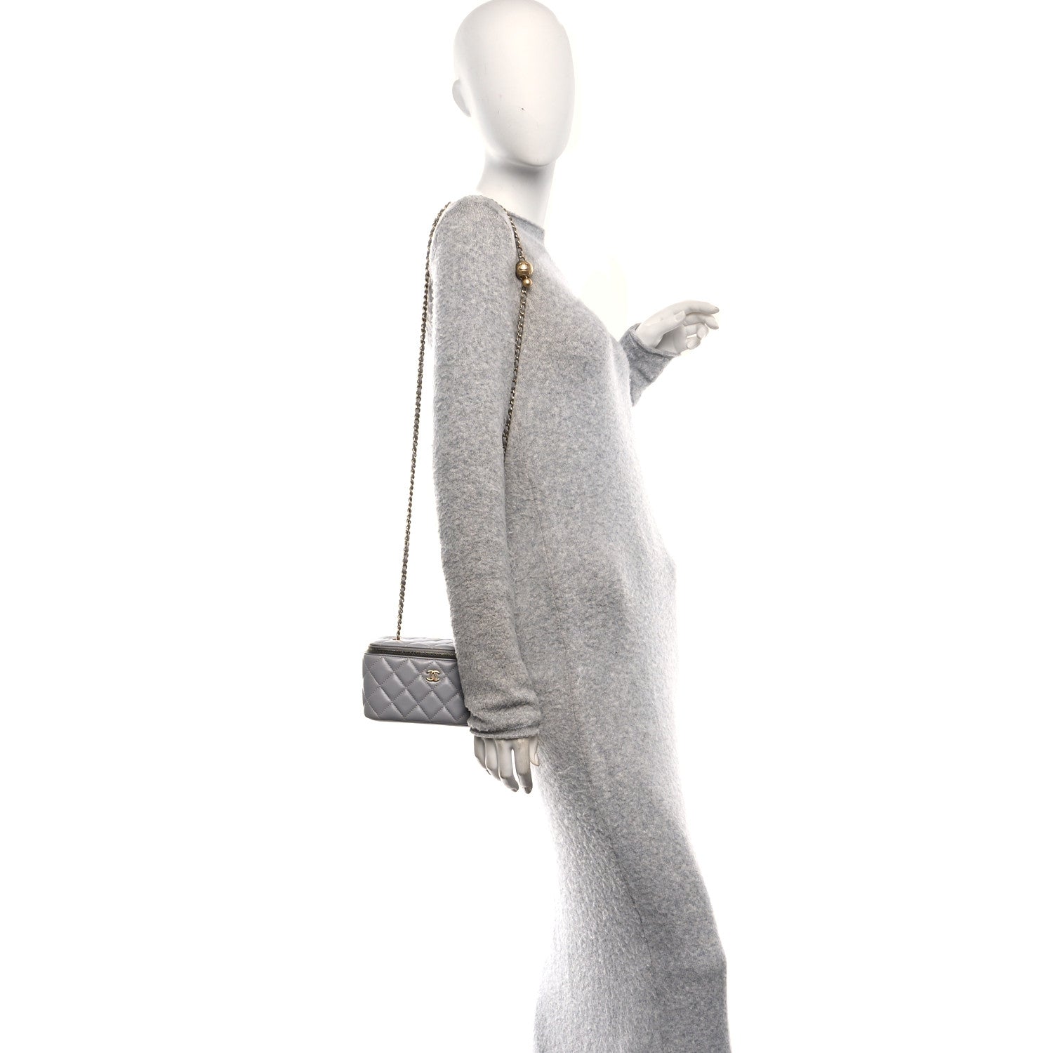 Lambskin Quilted Small Pearl Crush Vanity Case With Chain Grey