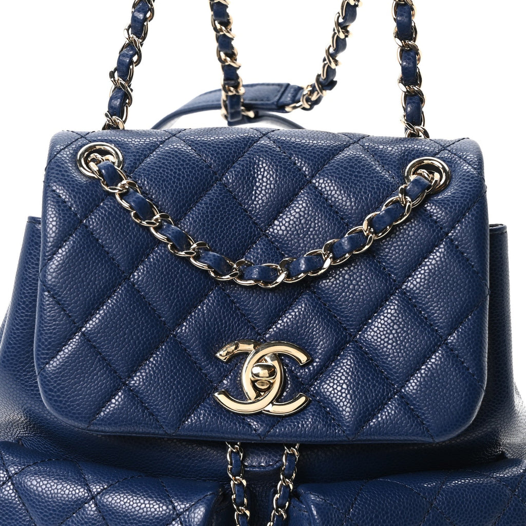 Shiny Caviar Quilted Medium Duma Pockets Drawstring Backpack Dark Blue