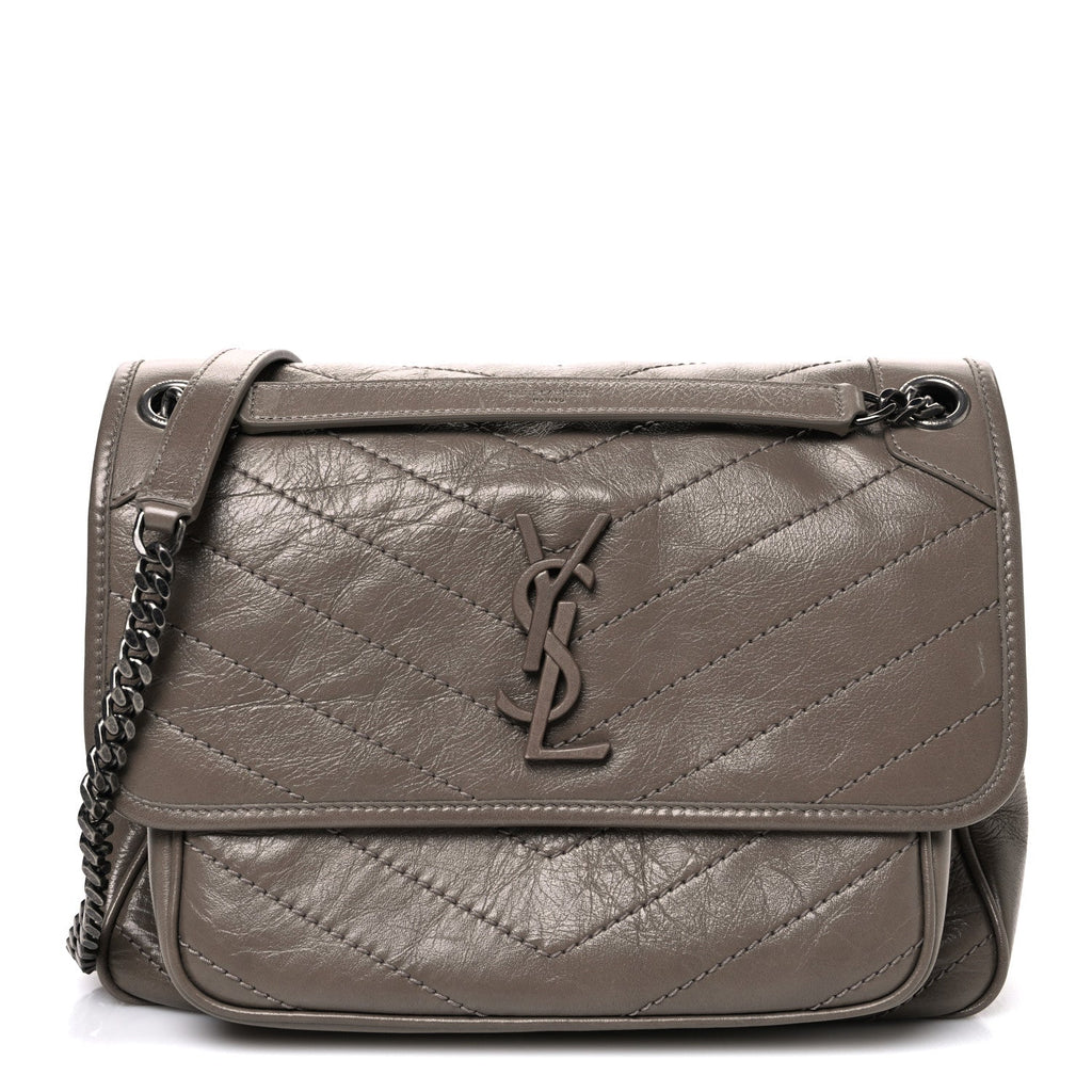 Crinkled Calfskin Matelasse Monogram Medium Niki Chain Satchel Greyish Brown