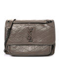 Crinkled Calfskin Matelasse Monogram Medium Niki Chain Satchel Greyish Brown