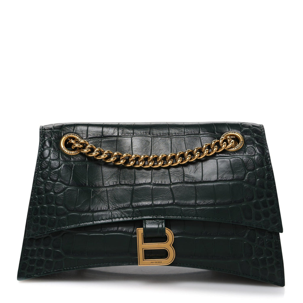 Extra Supple Calfskin Crocodile Embossed Small Crush Chain Bag Forest Green