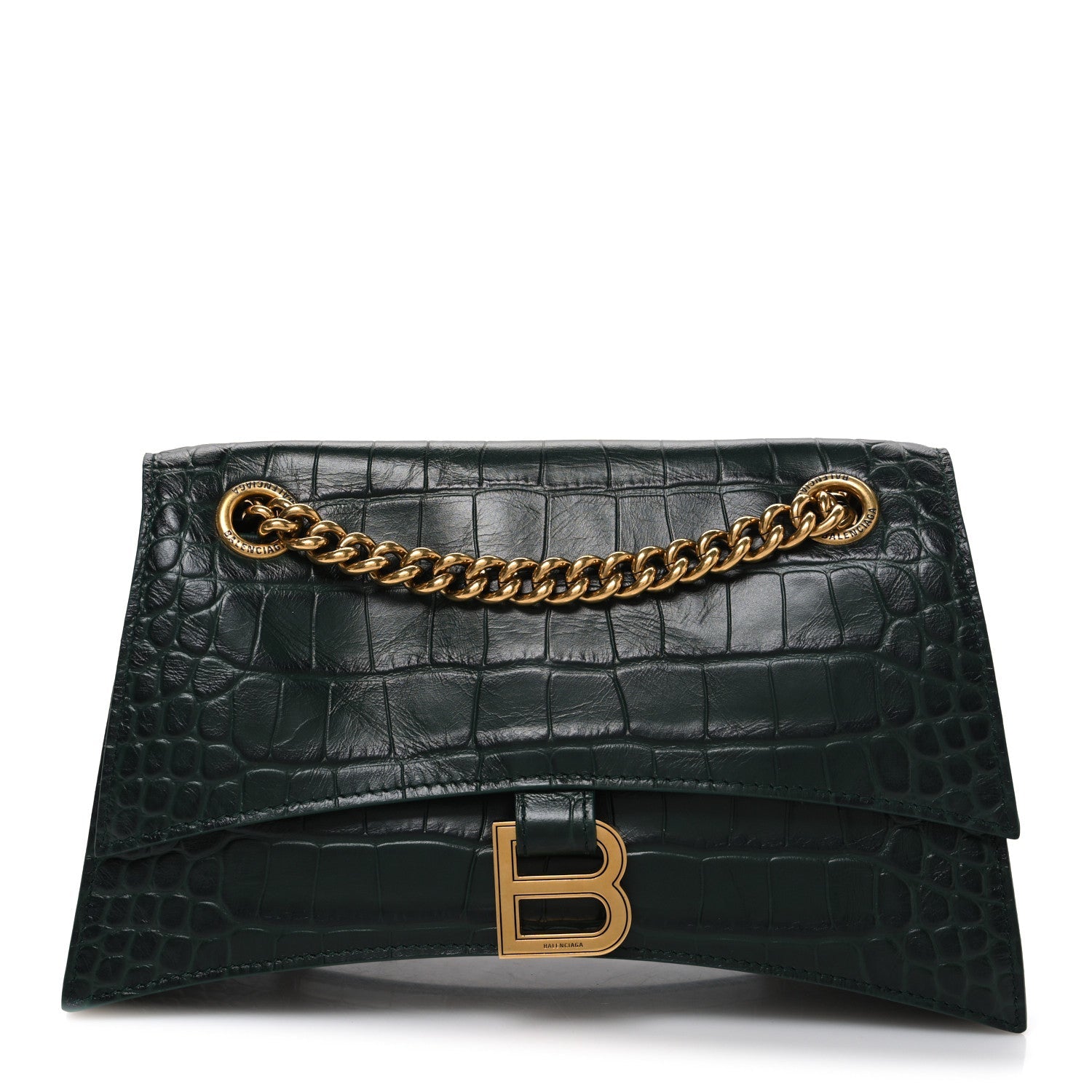Extra Supple Calfskin Crocodile Embossed Small Crush Chain Bag Forest Green