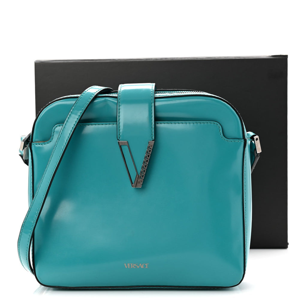 Shiny Calfskin V Greca Messenger Bag Teal