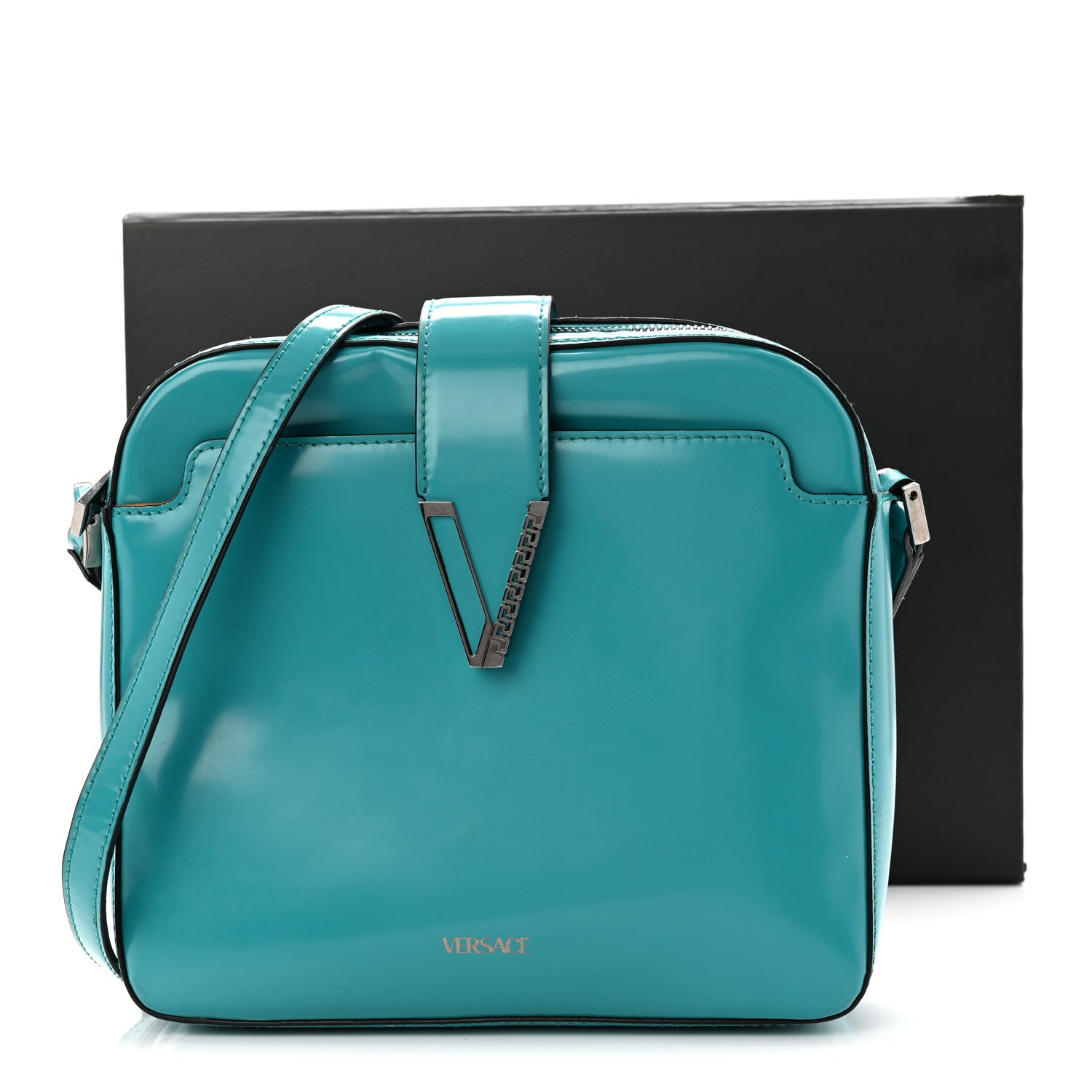 Shiny Calfskin V Greca Messenger Bag Teal