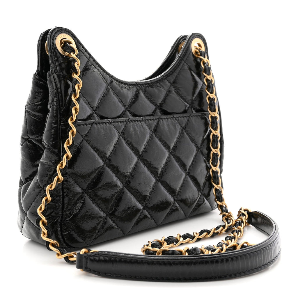 Shiny Crumpled Calfskin Quilted Small Wavy CC Hobo Black