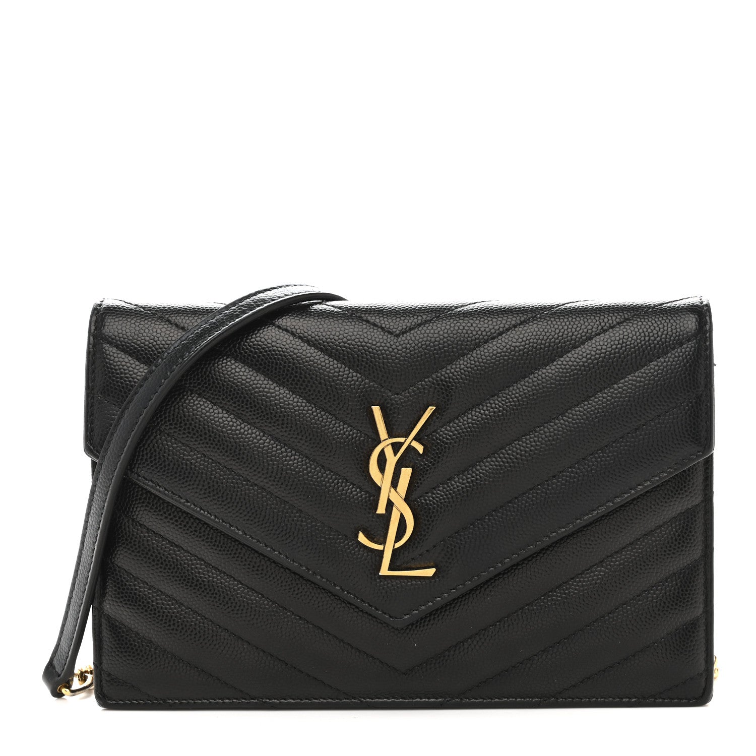 Grain De Poudre Matelasse Chevron Monogram Envelope Chain Wallet Black