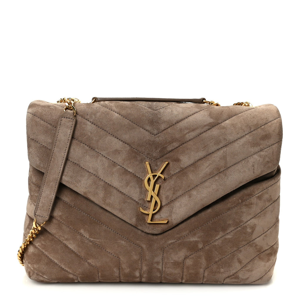 Suede Y Quilted Monogram Medium Loulou Chain Satchel Taupe