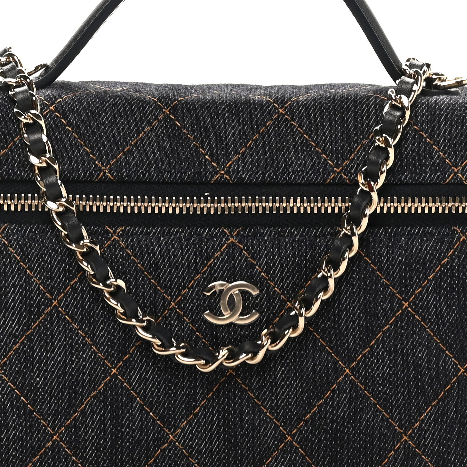 Denim Quilted Top Handle Slim Vanity Case With Chain Dark Blue Orange