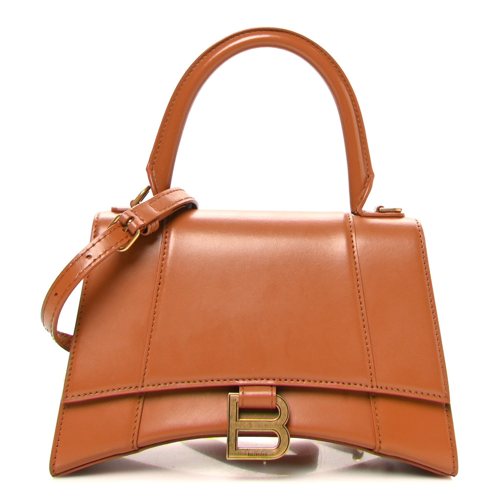 Shiny Box Calfskin Small Hourglass Top Handle Bag Camel