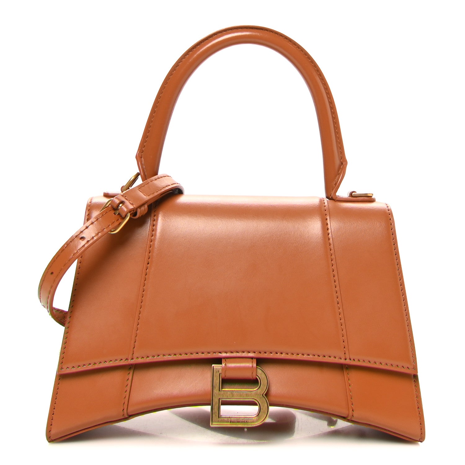 Shiny Box Calfskin Small Hourglass Top Handle Bag Camel