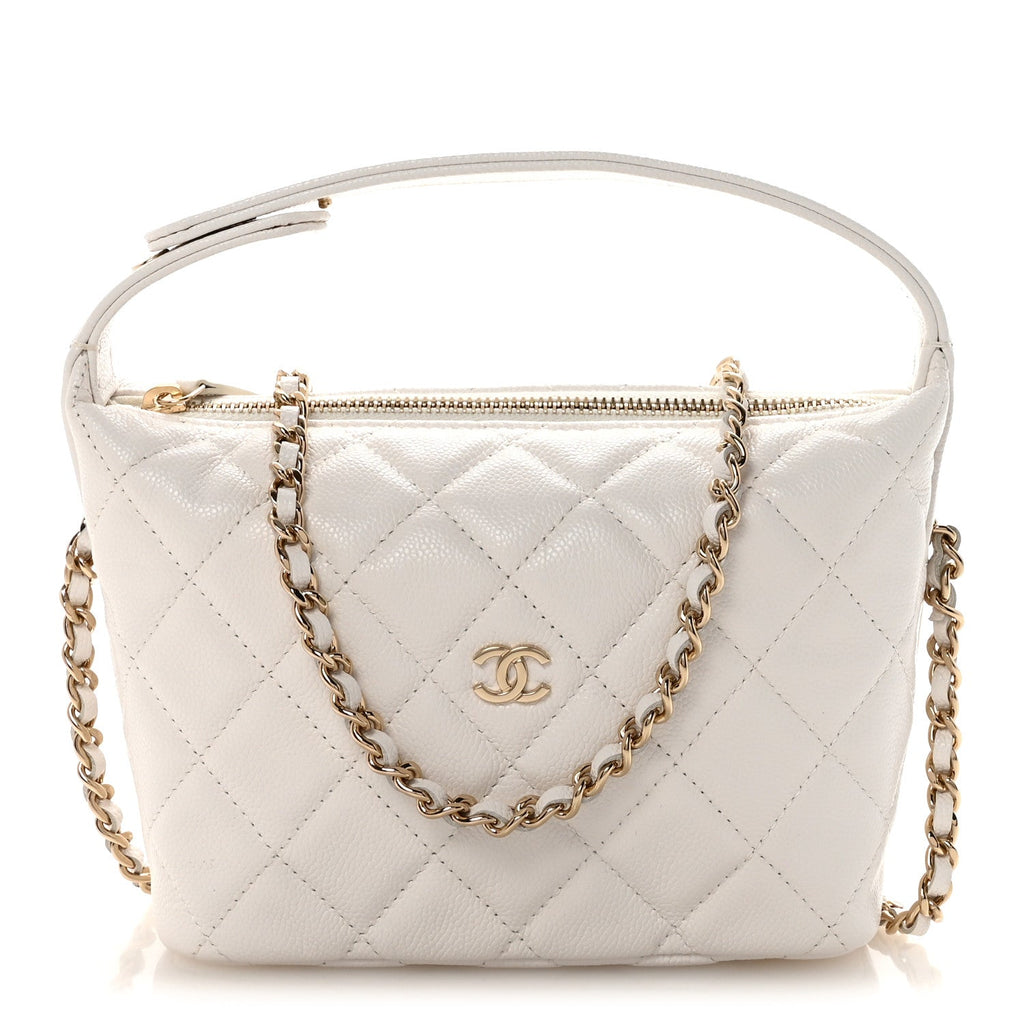 Caviar Quilted Hobo Clutch With Chain White
