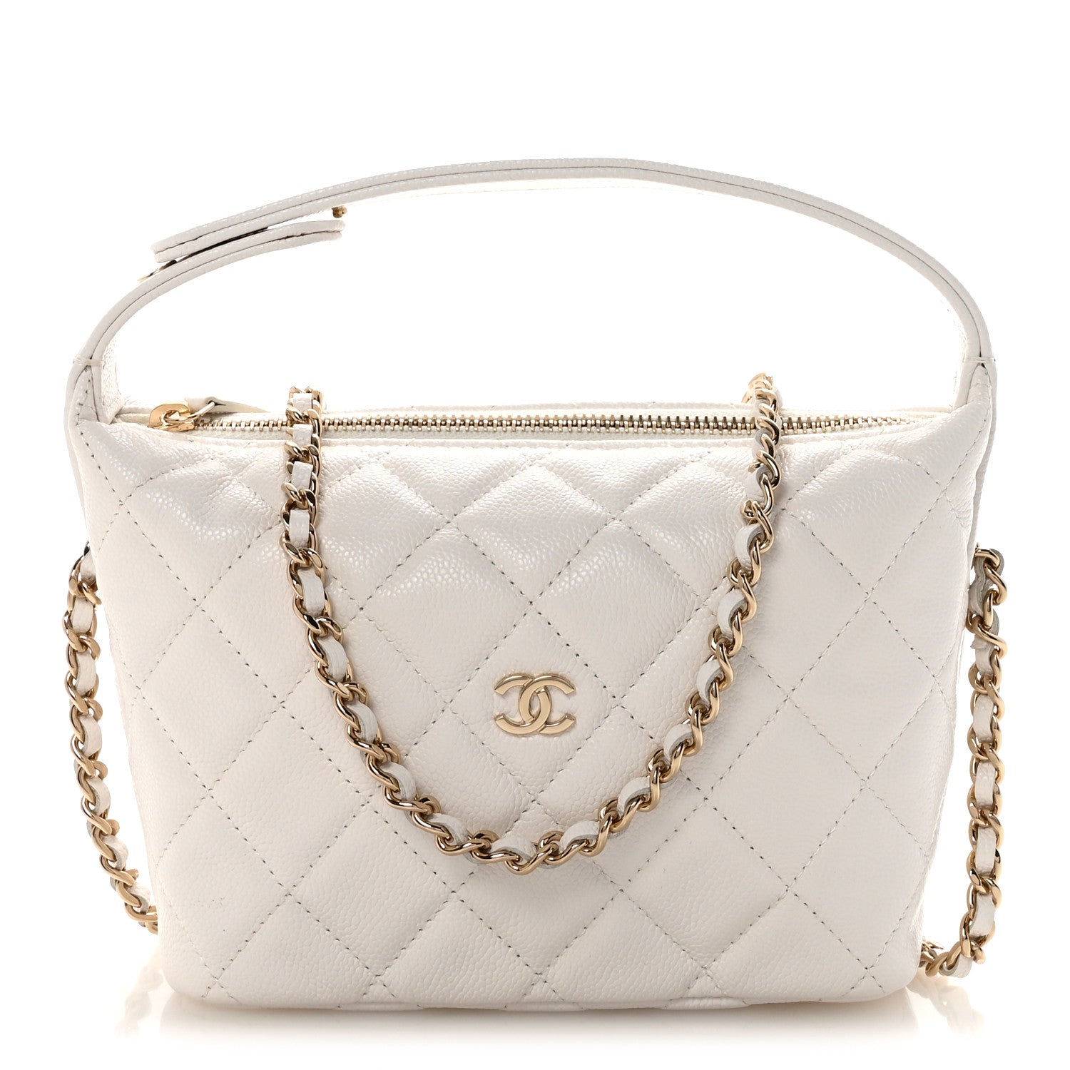 Caviar Quilted Hobo Clutch With Chain White