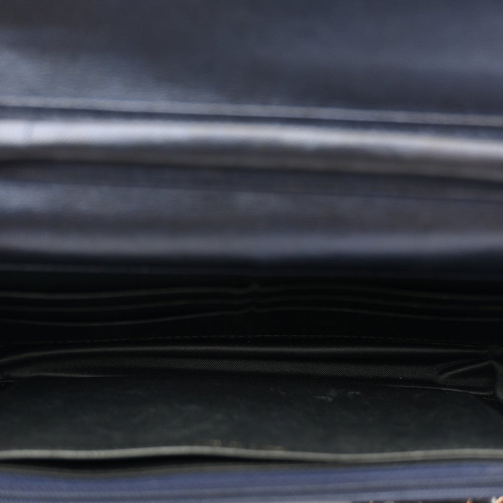 Metallic Lambskin Camellia Embossed Wallet on Chain WOC Navy