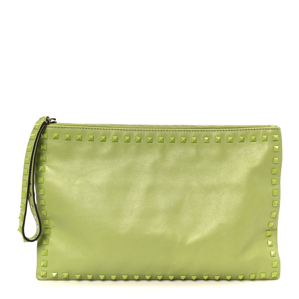 Vitello Large Rockstud Zip Wristlet Pouch Pop Apple
