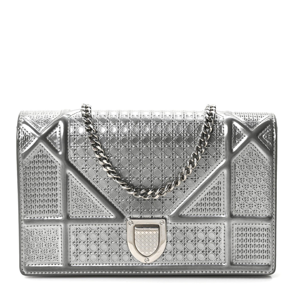 Metallic Patent Micro-Cannage Diorama Wallet on Chain Pouch Silver