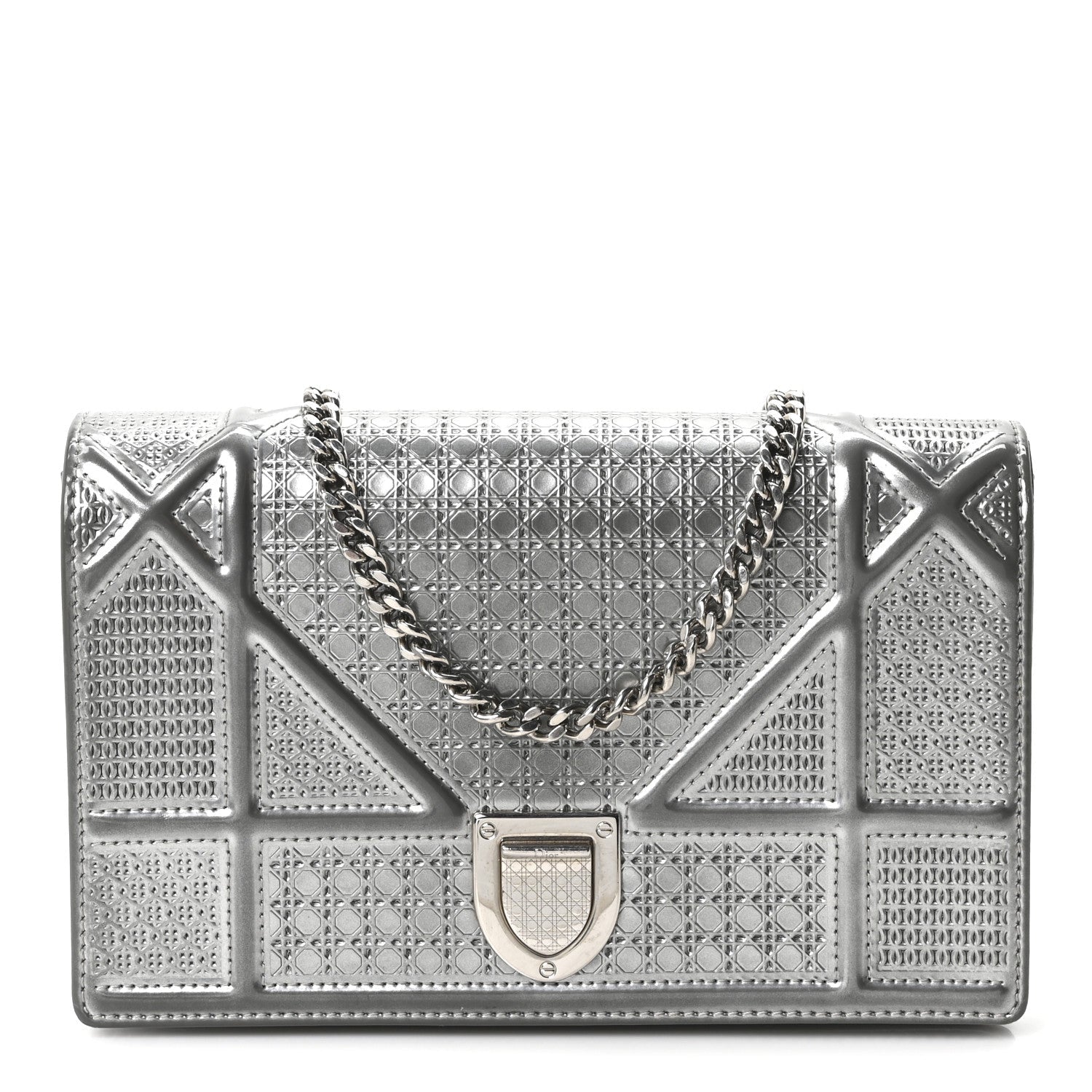 Metallic Patent Micro-Cannage Diorama Wallet on Chain Pouch Silver