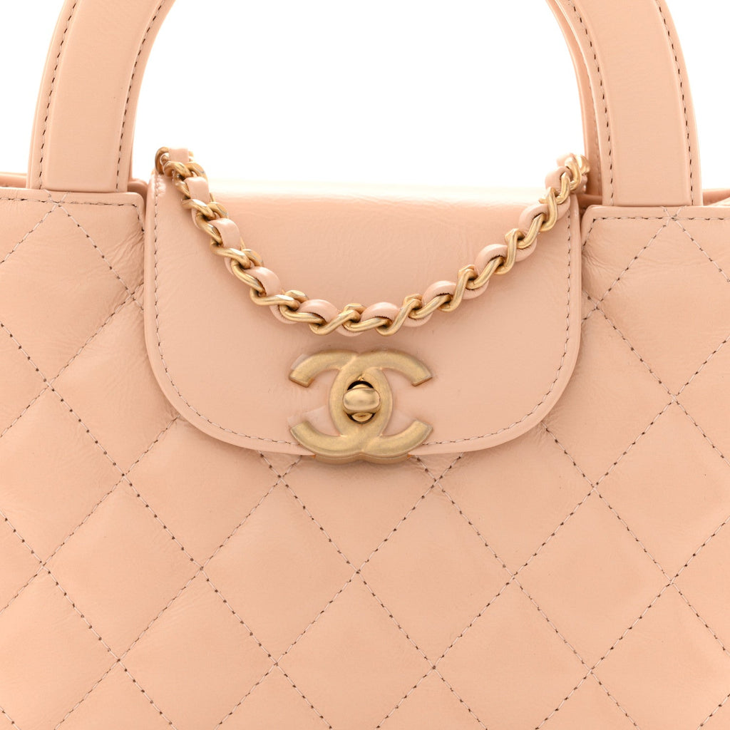 Shiny Aged Calfskin Quilted Nano Kelly Shopper Beige