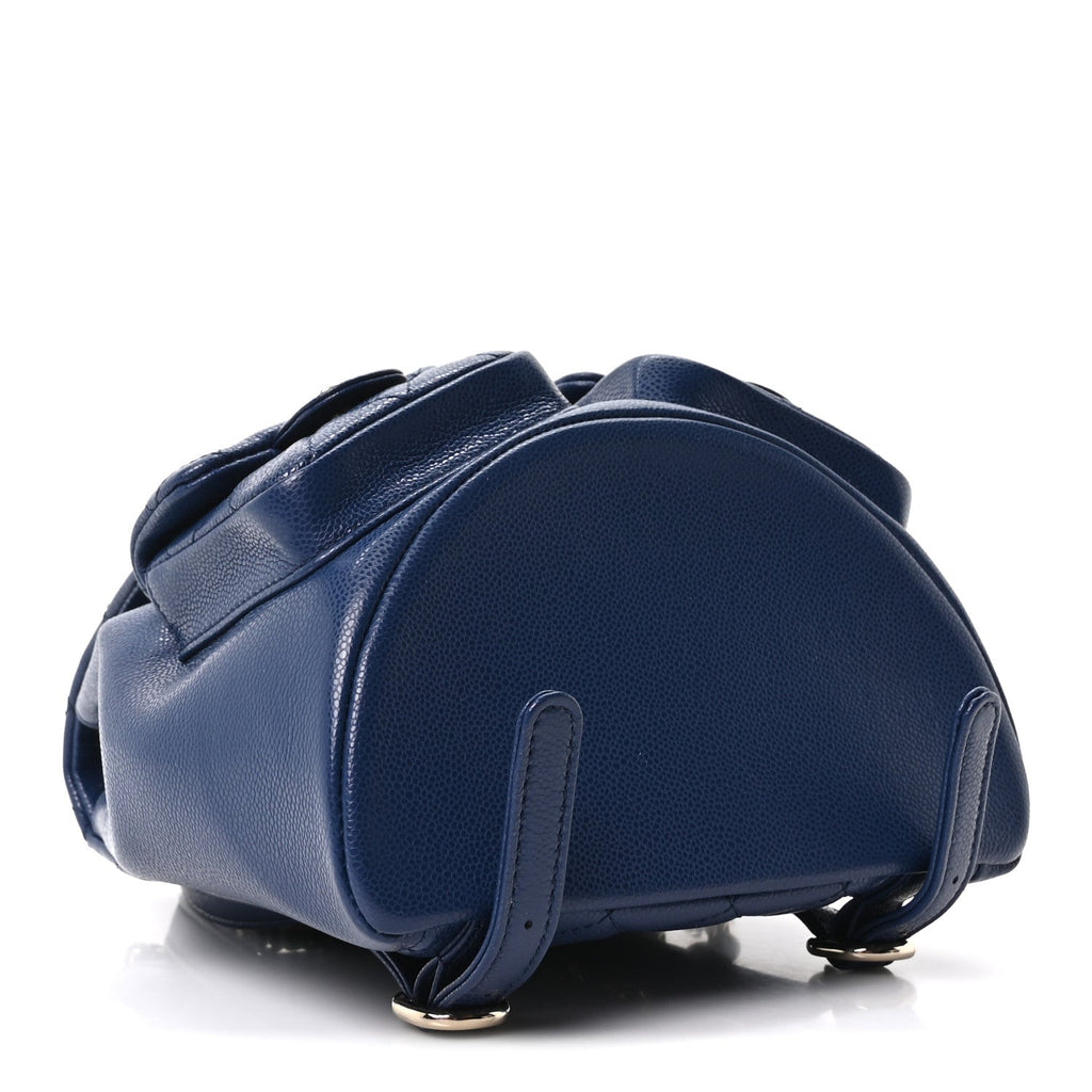 Shiny Caviar Quilted Medium Duma Pockets Drawstring Backpack Dark Blue