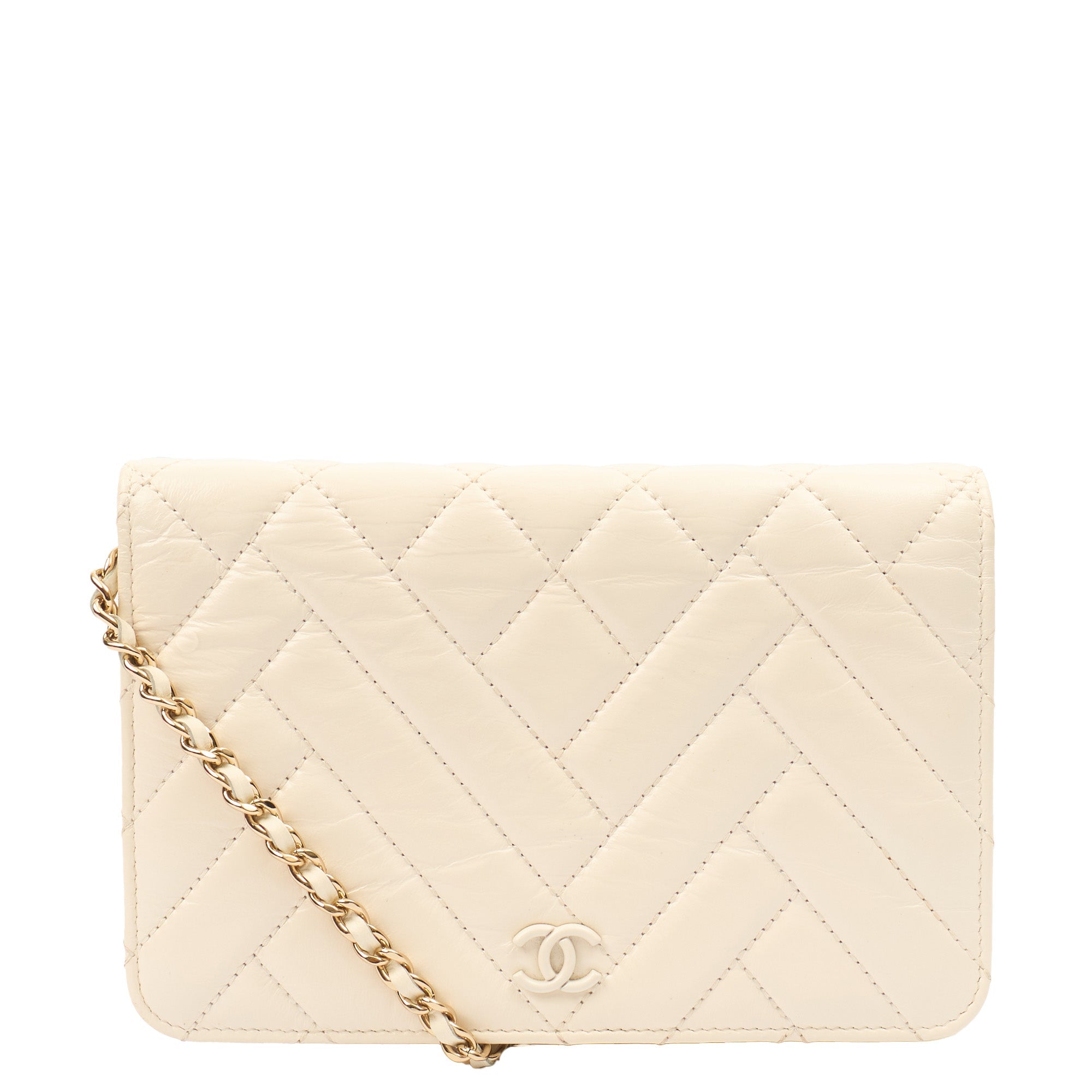 Chanel Cross Body Wallet on Chain in White, Crinkled Calfskin Leather