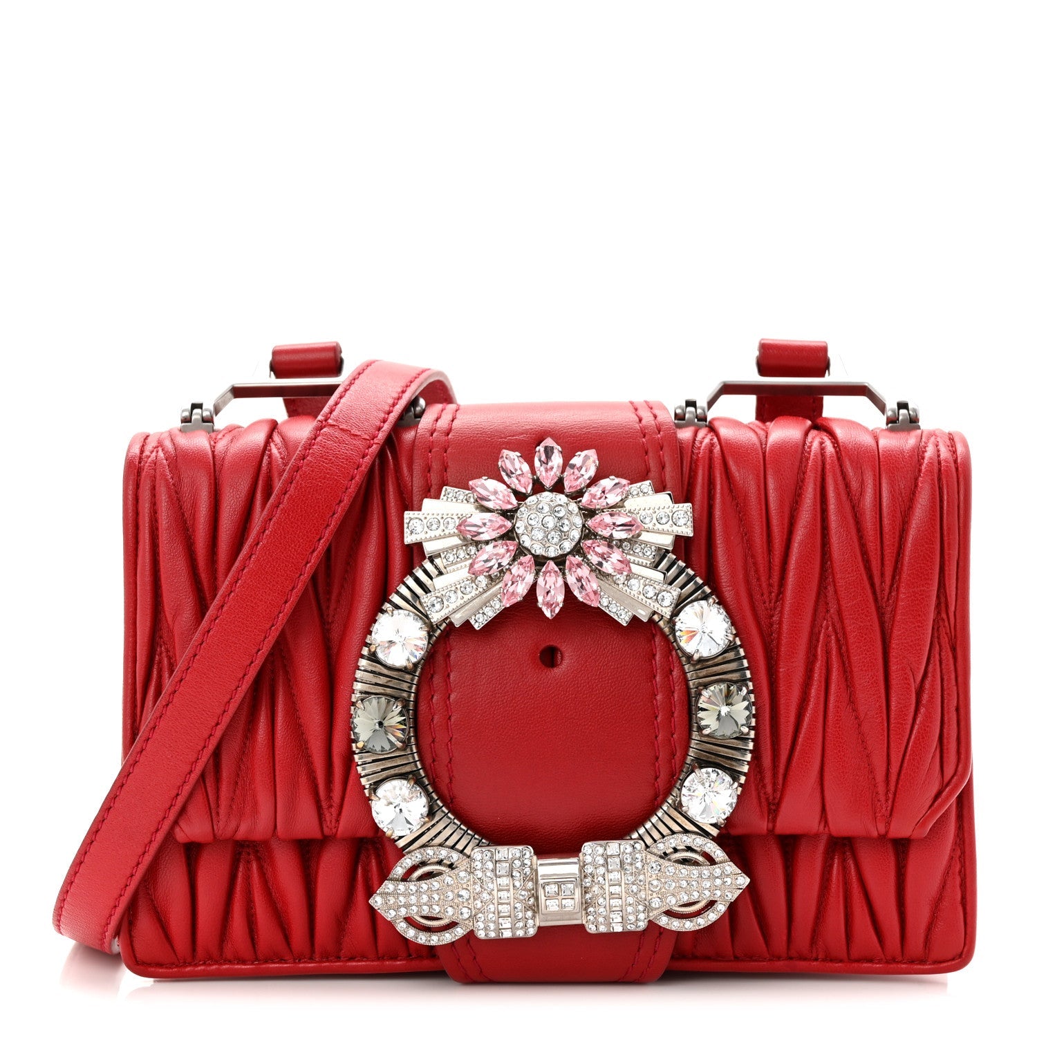 Nappa Matelasse Madras Crystal Embellished Shoulder Bag Fuoco