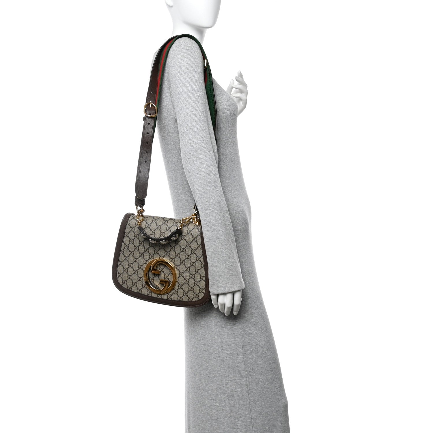 GG Supreme Monogram Textured Dollar Calfskin Web Medium Blondie Top Handle Shoulder Flap Bag Beige Ebony New Acero
