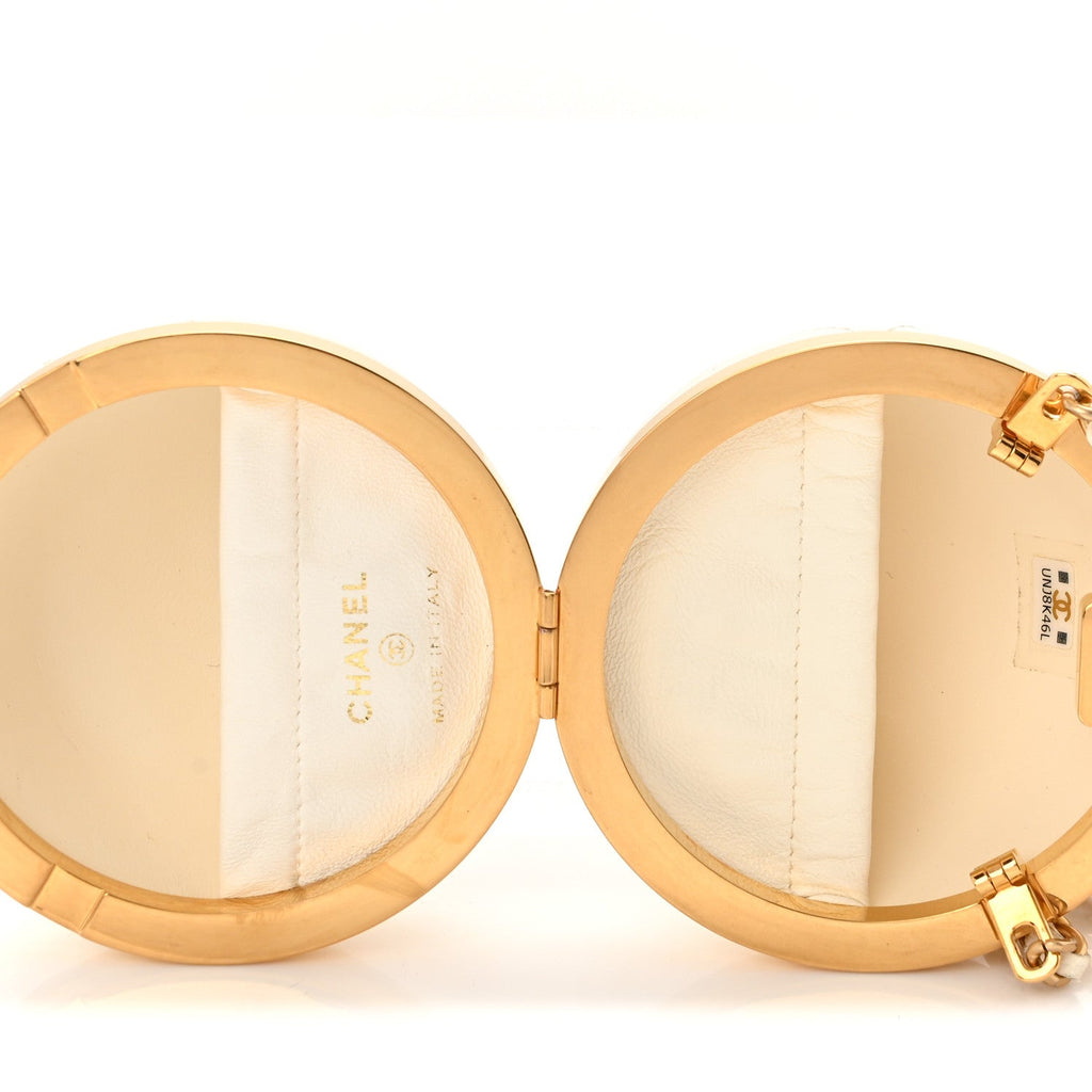 Lambskin Quilted Sphere Minaudiere Chain Clutch White