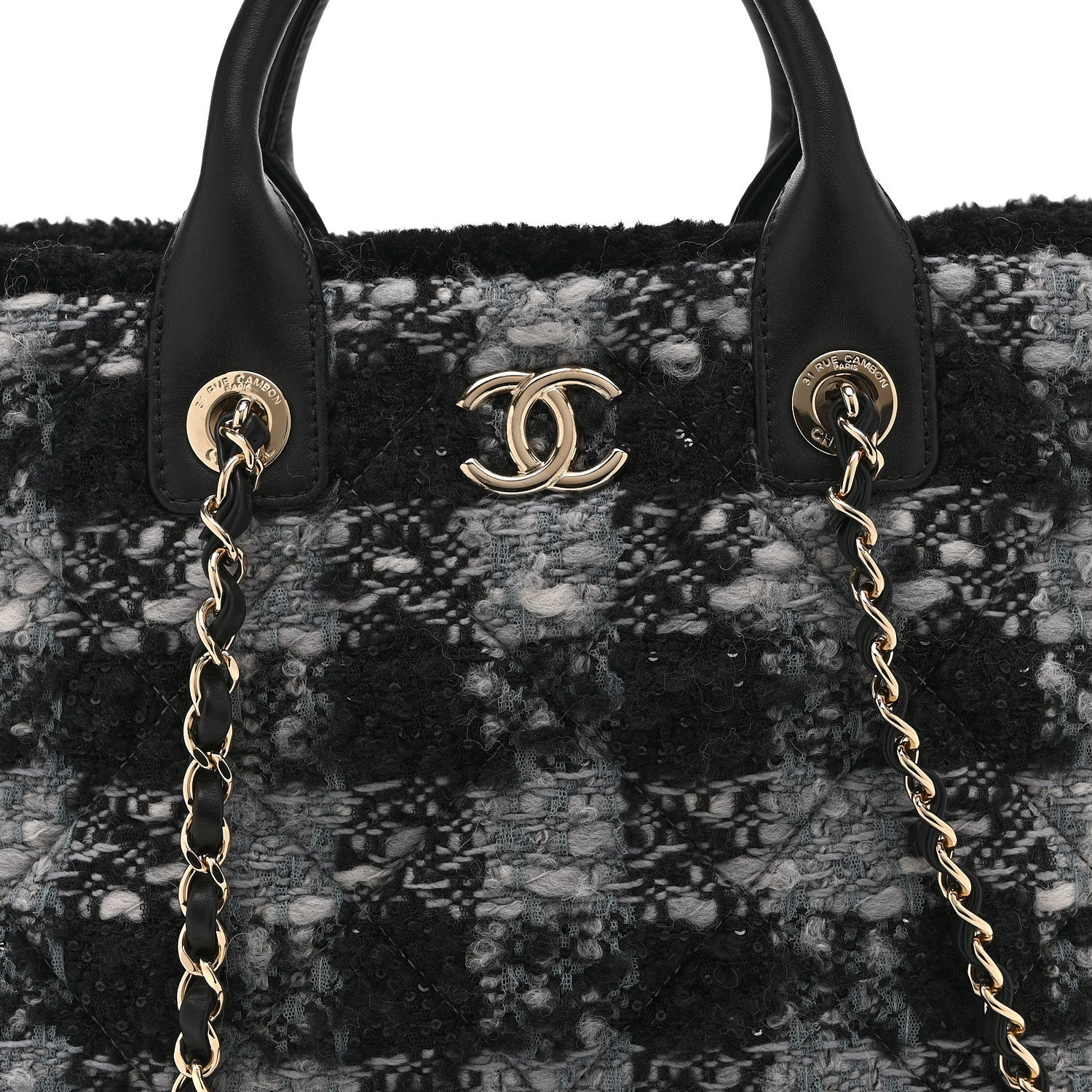 Tweed Shearling Quilted Lambskin Shopping Tote  Black Grey