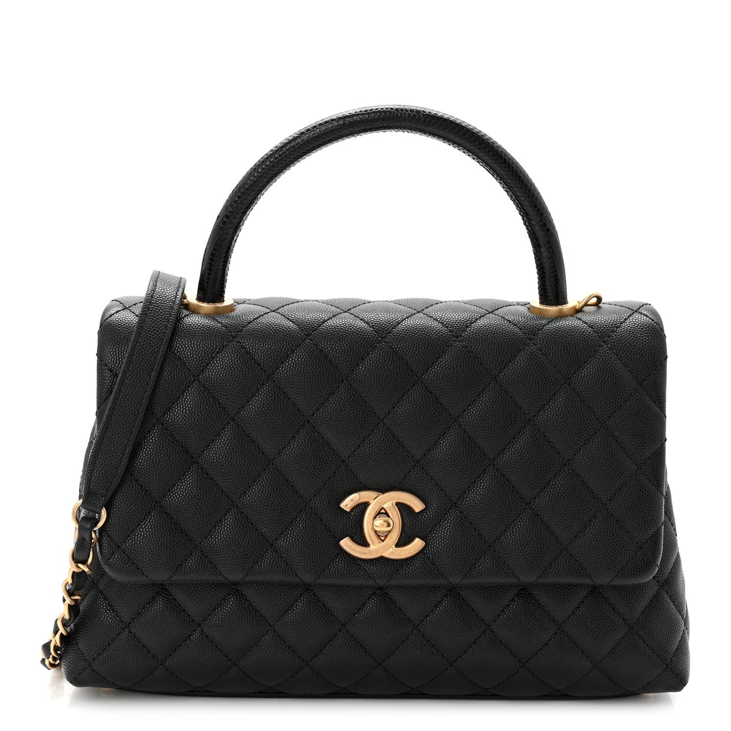 Caviar Lizard Embossed Quilted Small Coco Handle Flap Black