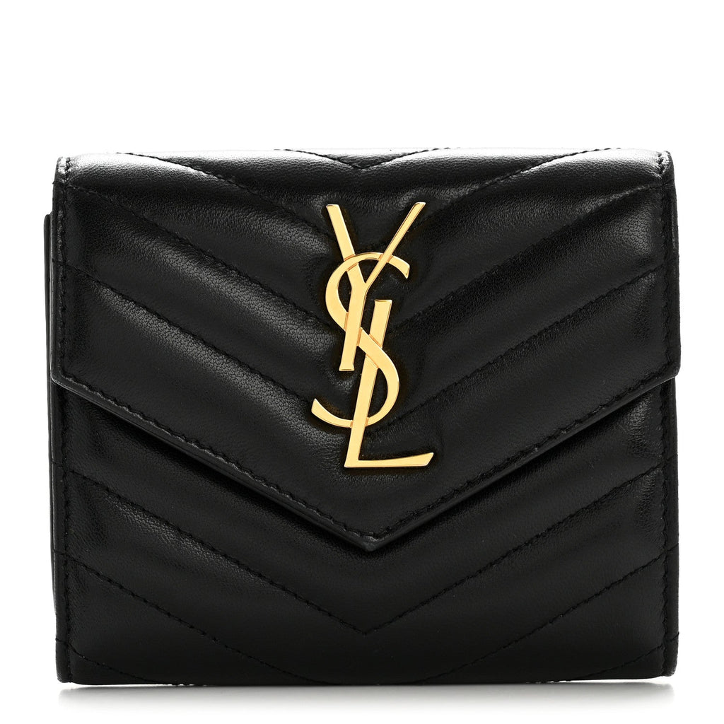 Lambskin Matelasse Chevron Monogram Compact Tri Fold Wallet Black